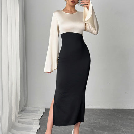 Women Maxi Dress Bell Sleeve Color Block Satin Bodycon Casual Dresses Elegant Spring Sexy Evening Wedding Guest Party Date Dress