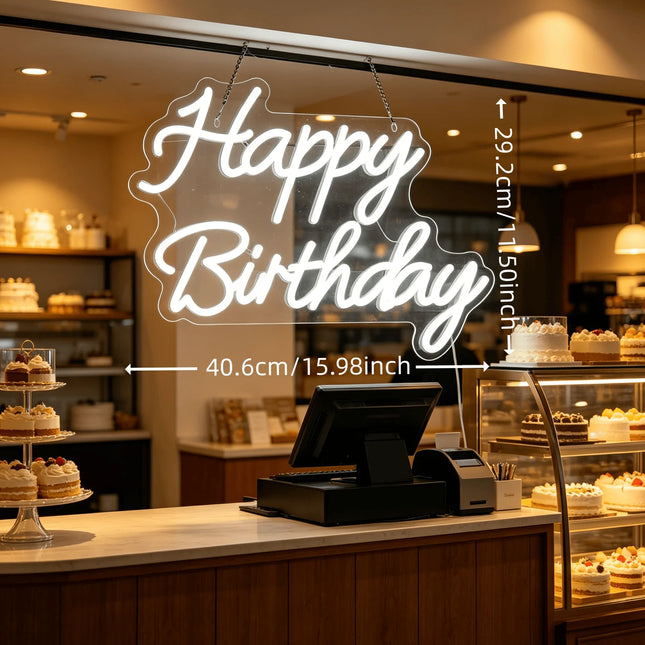 Happy Birthday White LED Neon Sign USB Wall Light Bakery Birthday Party Decor