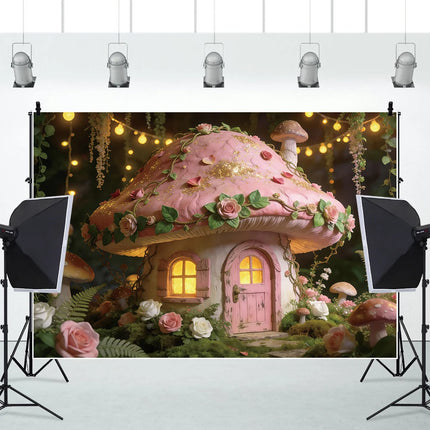 Pink Mushroom House Backdrop Enchanted Fairy Forest Floral Photography Background for Girls Birthday Baby Shower Party Decor