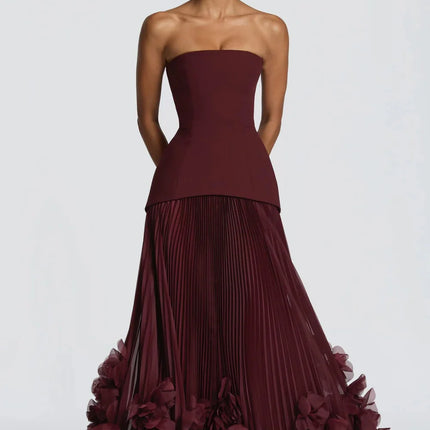 Contessa Custom Burgundy Strapless Evening Dress Corset Pleated Prom Dresses Chiffon Vestidos De Noche Formal Evening
