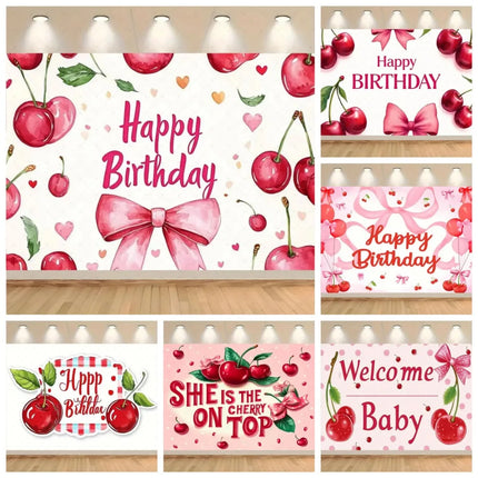 Checkered Cherry Butterfly Bow Theme Banner Background, Children's Birthday Party, Room Decoration Photography Background Cloth