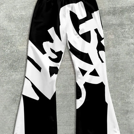 Men's Casual Street Style Trendy Cross Print Fashionable Slightly Flared Black and White Color-Block Design Sweatpants Men Pants