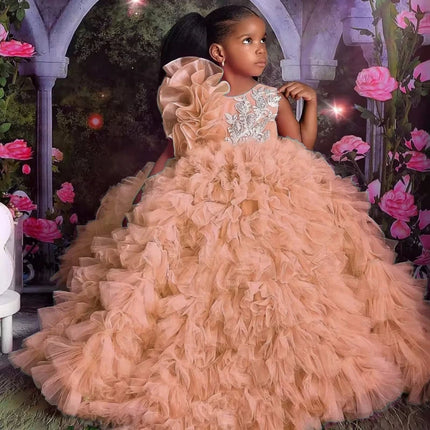 Customized Rose Pink Flower Girl Dresses Tulle Puffy White Embroidery Sleeveless For Wedding Birthday Prom Holy Communion Gowns