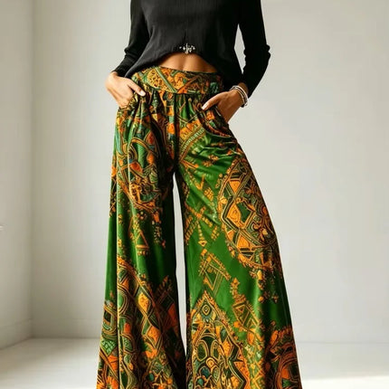 New style women's velvet wide-leg pants - high-waist, full-length, thick, soft, elastic, warm, anti-shrinkage. Green retro ethnic geometric print. Bohemian-style pocket design. Palace-style long pants suitable for festival pa