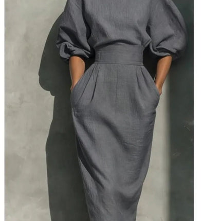 Elegant Women O-neck Lantern Sleeve Pocket Midi Dress Spring Summer Fashion Solid High Waist Pleated Wrap Hip Holiday Dresses