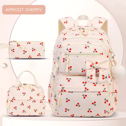 3pcs/set school backpack for girls cherry pattern primary school girl Corduroy backpack kids bookbag lunch bag pencil bag set