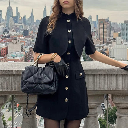 Typhaland Elegant Commuting Buttons Dress With Shawl  Slim Short Sleeve Black Mini Dress 2026 Sping Summer Chic Dress High Waist