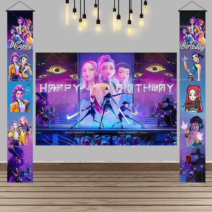 Hot KPop Demon Hunters Backdrop Door Banner Kids Adult Birthday Party Decorations Baby Shower Photo Booth Background Props