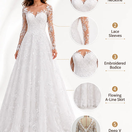 Elegant Lace Appliqué A-Line Wedding Dress for Women Long Sleeve Illusion V Neck Tulle Ball Gown with Pockets Floor Length Formal Evening Prom Dress