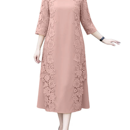 ZANZEA Women Stylish Lace Patchwork Dresses 2025 Autumn 3/4 Sleeve Office Sundress Embroidered Midi Robe Elegant Party Dress
