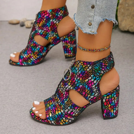Summer Fashion Fishmouth High Heels Hollow Out Zipper Back Breathable Large Size Trendy Women's Sandals Roman Style PU Leather