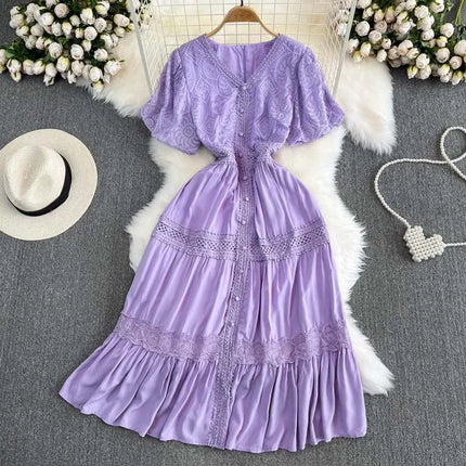 Short puff sleeve dresses Women 2025 Summer Solid V-neck Lace embroidery dress Patchwork Elegant 4D068