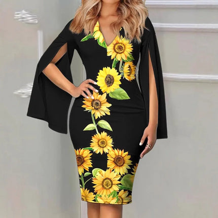 Women Round Neck Floral Print Split Flare Sleeve Bodycon Midi Dress Elegant Party Wedding Guest Dress