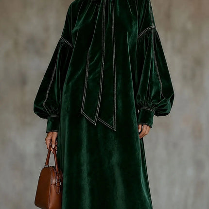 Women Solid Velvet Maxi Dress Bow Tie High Neck Lantern Long Sleeve Loose Dress Elegant Fall Winter Office Evening Party Dresses