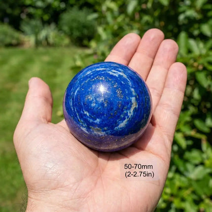 Natural Lapis Lazuli Crystal Sphere Ball 5-6cm with Wood Base Large Orb Royal Blue Gold Pyrite Handmade Polished Tutankhamun Egyptian Wooden Stand Display Home Decor Desk Ornament Office Decor Room Decor Bedroom Decor Table C