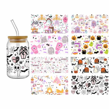 Halloween UV DTF 3D Ghost Design Transfer Sticker Wraps Cup Libbey Glass Cup 16 oz Waterproof Decals DIY Cartoon