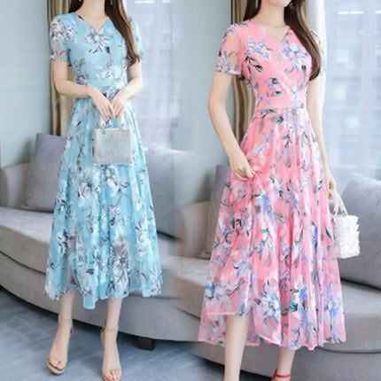 Short Sleeve Floral Print Midi Dress Summer Women Dress Waist Tight Flower Print Large Hem Maxi Dress Travel Vocation Dress