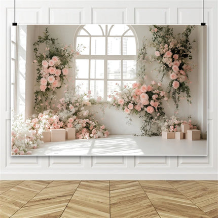 European Castle Window Wedding Backdrop Elegant Pink Rose Floral Arched Wall Photography Background for Birthday Party Decor