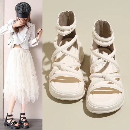 2025 New Summer Sandals for Women Fashion British Style Roman Sandals Cross-tied High Top Women Sandals Comfortable Casual Shoes