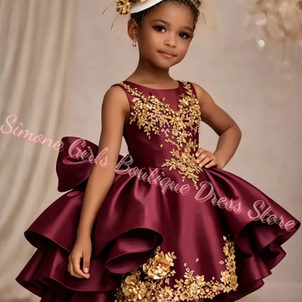 Customized Applique Flower Girl Dress For Wedding Satin Puffy Ruffles Baby Kids Birthday Party First Communion Ball Gown