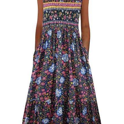 2025 summer new! Women's sleeveless Bohemian floral casual beach MIDI sundress with pockets flowing and loose