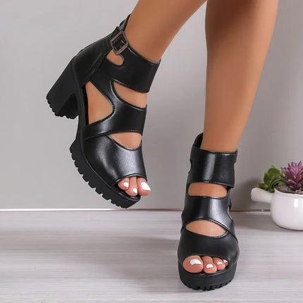 High Heel Sandals Female Sexy Black Square Buckle Chunky Heel Platform Shoes Summer Back Zipper Women Sandals Sandalias De Mujer