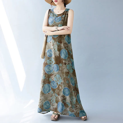 THHONE Summer Print Loose Women Robe Cotton Dress Sleeveless Casual Beach Style Long Ladies Womens Dresses Vestidos Para Mujer