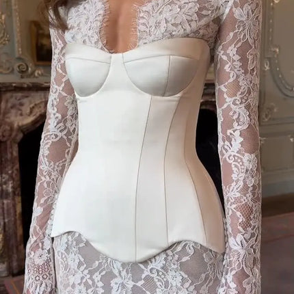 Sexy Lace Dress For Women Strapless Fishbone Corset Slim Waist Long Sleeve Mini Dresses 2026 New Hollow Out Party Two Piece Set