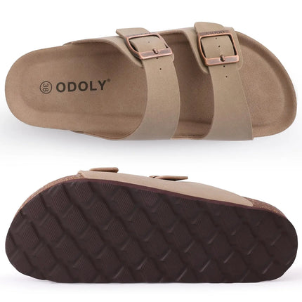 Shevalues Men Classic Leather Sandals Fashion Double Outdoor Beach Shoes Comfort Unisex Cork Footbed Slippers With Arch Support
