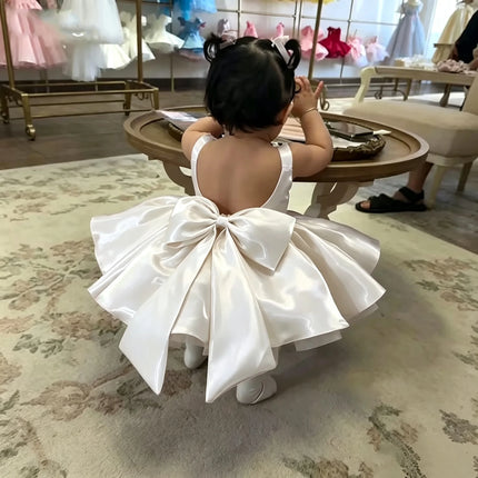 Wedding Mini Flower Girl Dress 2026 Satin Sleeveless Backless Bow Short Tutu Dress Baby Princess Dress Formal Party Dress Custom
