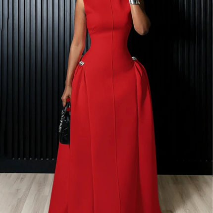 Women High Neck Sleeveless Fitted Floor Length Maxi Dress With Side Flared Detail For Formal Gala Wedding And Evening Party Occasion