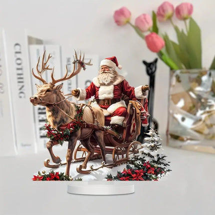 ^1Pc Santa Claus Reindeer Sled Tabletop Decoration With Base 2D Acrylic Christmas Ornaments 2025 Xmas Navidad Party Supplies