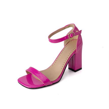 Women Patent Leather Block Heel Sandals, Open Toe Ankle Strap 8.5cm High Heels Multicolour Plus Size 32-54 Party Shoes M2011-1