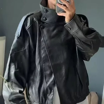 Women's Jacket 2026 Autunm  New Black Long Sleeve Pebble Faux Leather Jacket Motorcycle Style Personality Fashion