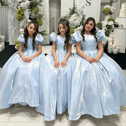 Satin Custom Flower Girl Dress for Wedding Puff Sleeve With Bow Floor Lenght Ball Gown Kids Birthday First Communion Ball Gown