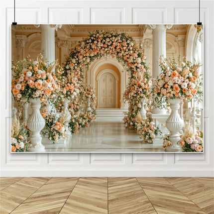 European Castle Window Wedding Backdrop Elegant Pink Rose Floral Arched Wall Photography Background for Birthday Party Decor