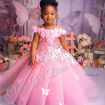 Customized Pink Flower Girl Dresses For Wedding Appliques Butterflies Pearls Cute Kids Birthday Party First Communion Gown
