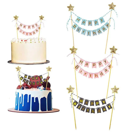 Happy Birthday Cake Flags DIY Gold Stars Bunting Banner Kids Adults Baking Decoration Baby Shower Party Supplies