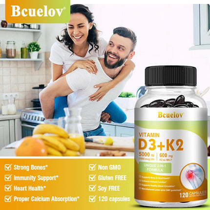Vitamin D3 5000IU & Vitamin K2 600mg Capsules, Boost Calcium Absorption, Bone, Joint, Dental, Heart & Immune System Support