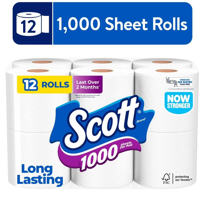 1000 Toilet Paper, 12 Rolls, 1000 Sheets per Roll, Soft Bath Tissue, 1-Ply, Bulk Pack, Jumbo Roll, Long Lasting, Quick Dissolve, RV Septic Safe