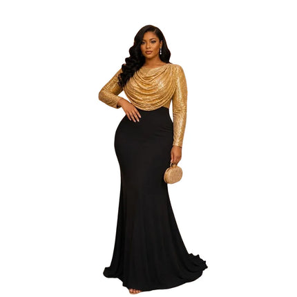 Women Sequin Long Sleeve Maxi Dress Pink Cowl Neck Draped Top Black Mermaid Skirt Bodycon Dresses Evening Wedding Guest Formal