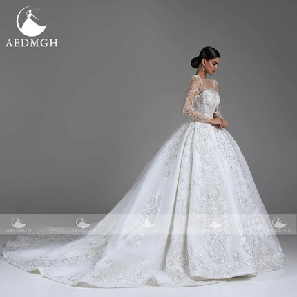 Aedmgh Ball Gown Shiny Wedding Dresses Boat Neck Long Sleeve Bride Dress Lace Beaded Sequined Glamorous Custom Made Bridal Gown