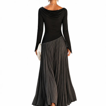 Women Draped Cowl Neck Long Sleeve Maxi Dress Asymmetrical Spliced Pleated Flowy Long Dress Elegant Cocktail Wedding Guest Formal Party Evening Dresses