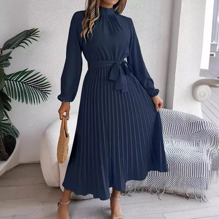 2025 Elegant Long Sleeve Fashion Dresses New Spring Women Belts Pleated Casual Solid Long Dress Casual A-Line Party Maxi Dresses