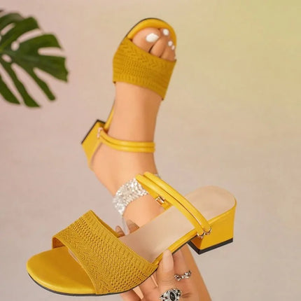 Women's Knitted Block Heel Mules Elegant Open Toe Sandals Fashion Summer Slide Shoes Comfortable Slip-on Mid Heel Ladies Slides