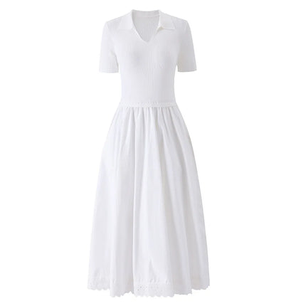 ZJYT Fashion Women's Knitted Patchwork Summer Dresses 2026 New Short Sleeve V Neck Casual Mid Calf Dress Female Vestidos Clothes