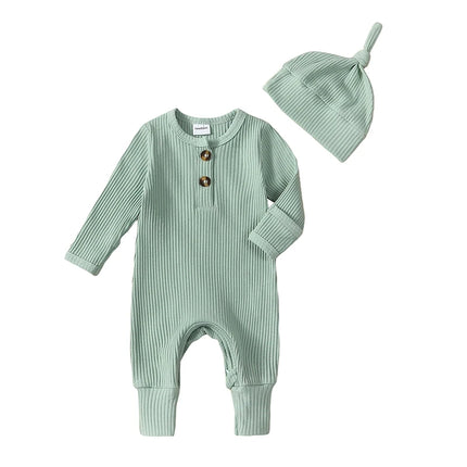 Newborn Baby Boy Clothing Outfits Solid Color Ribbed Long Sleeve Romper Jumpsuit with Hat for Infant Toddler Fall Clothes