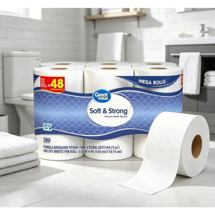 12 Mega Rolls 2‑Ply Unscented Toilet Paper, Septic‑Safe Soft & Strong Household Bath Tissue