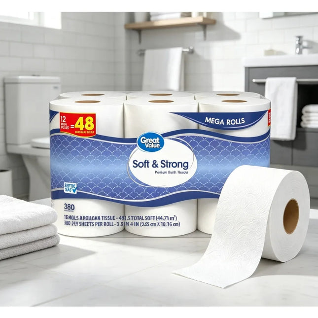 12 Mega Rolls 2‑Ply Unscented Toilet Paper, Septic‑Safe Soft & Strong Household Bath Tissue