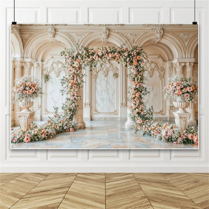 European Castle Window Wedding Backdrop Elegant Pink Rose Floral Arched Wall Photography Background for Birthday Party Decor